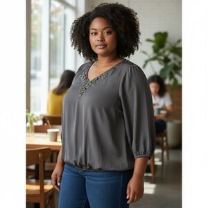 Lane Bryant Blouse Size‎ 26/28 Gray Embellished Neckline Holiday Party Bling Top